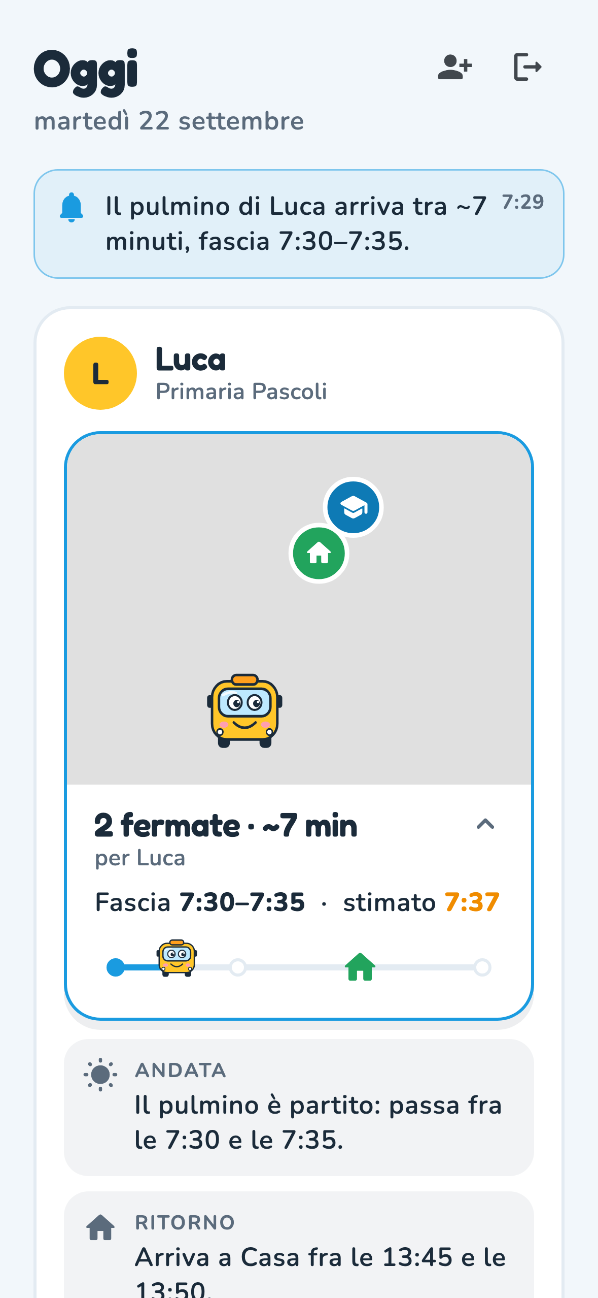 App famiglie: il pulmino sulla mappa durante il viaggio